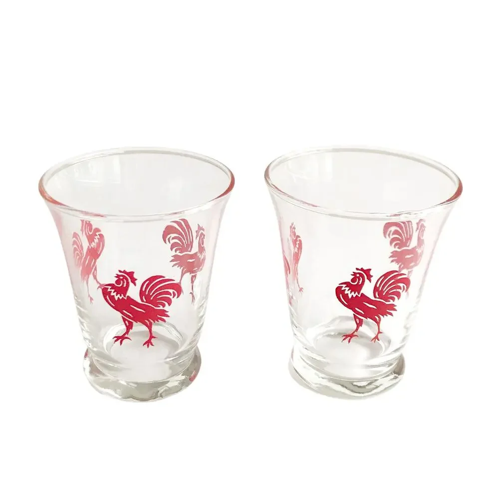 Vintage MCM Rooster Juice Glasses 2 Piece Set Red Clear Glass Drinkware Cups